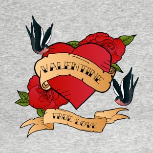 Valentine Tattoo True Love Heart and Swallows T-Shirt